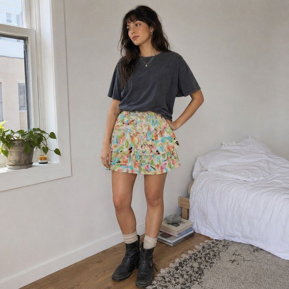 Vintage 80s Contempo Casuals Mini Skirt Sz 3 Floral Tiered Ruffle Rayon Japan